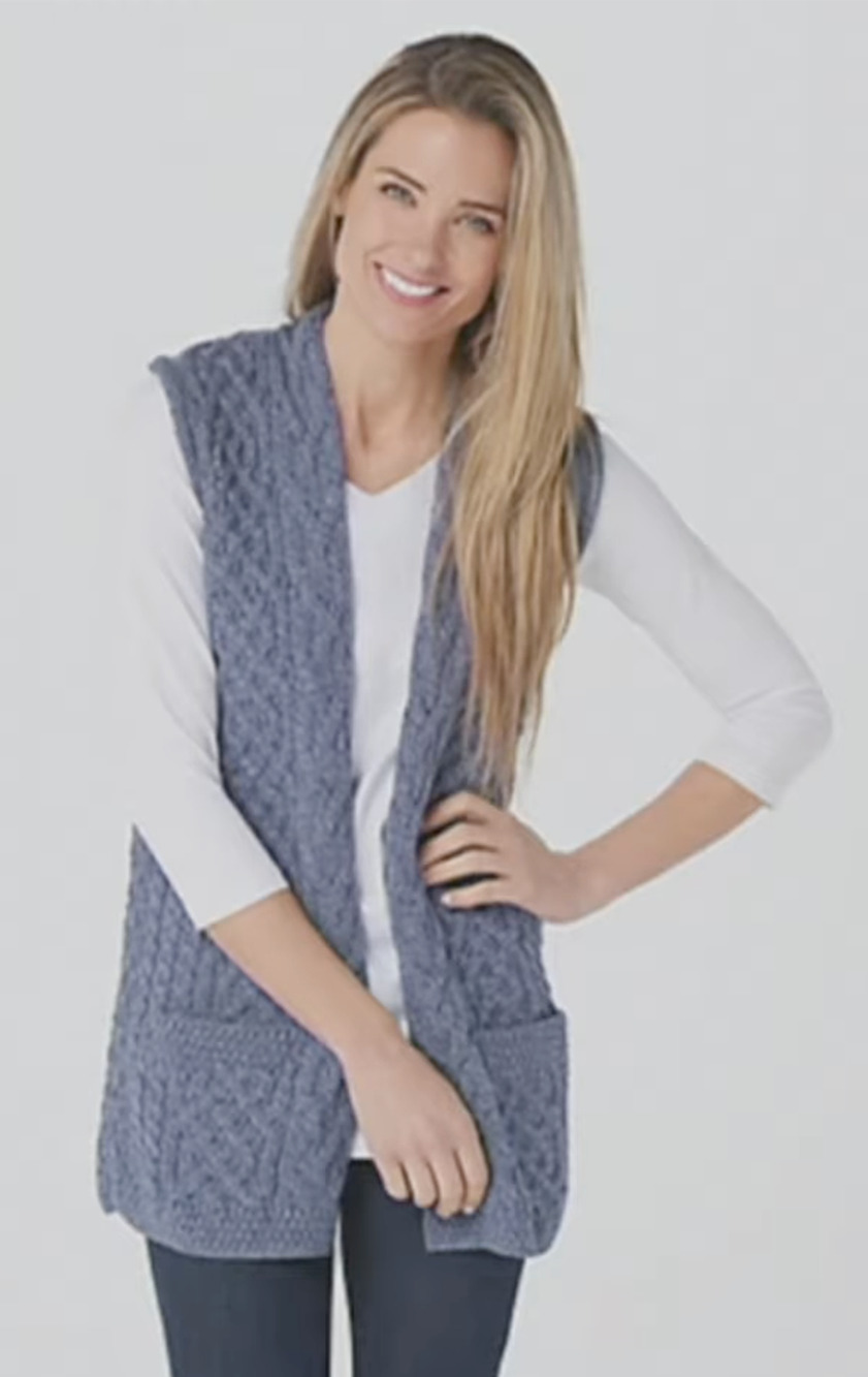 KILRONAN KNITWEAR DENIM MARL MERINO WOOL OPEN FRONT CABLE KNIT SWEATER VEST XXL